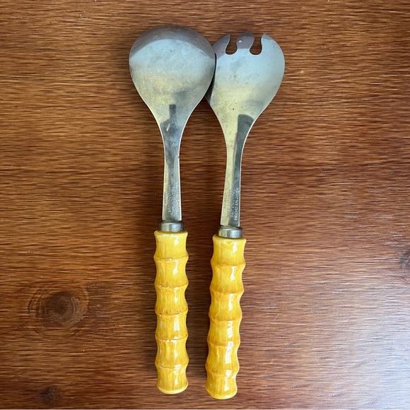 Vintage Avon Stainless Steel Salad Server Spoons w Bamboo Style Handle - Picture 3 of 5